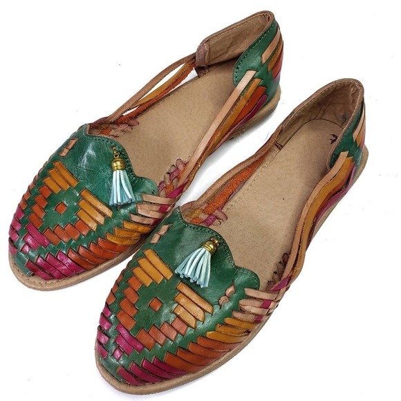Handmade Huarache Sandals Women's 7‎ Green Rainbow Leather Woven Slip On - Picture 1 of 10
